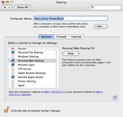 Sharing System Preferences panel